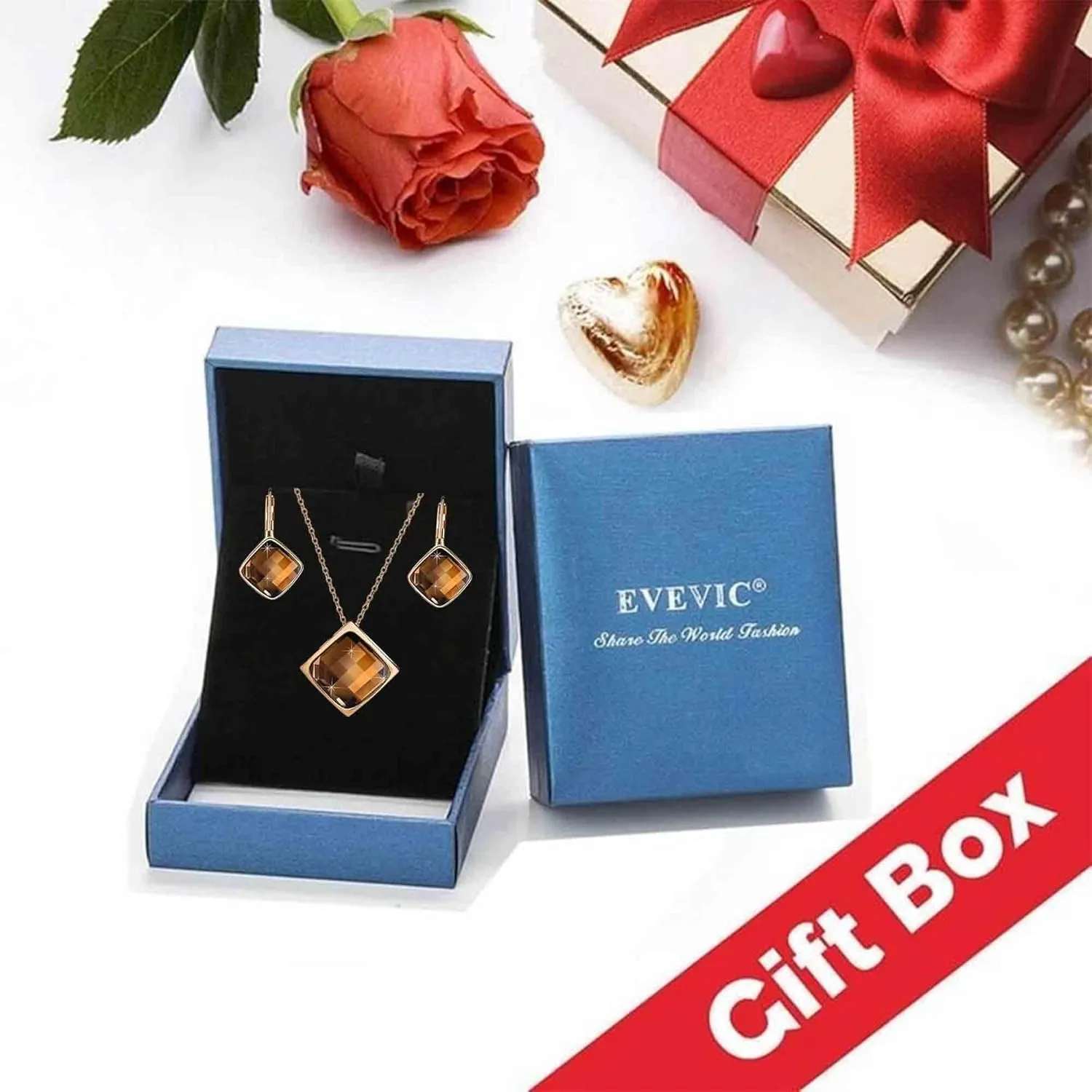 EVEVIC Square Austrian Crystal Necklace Earrings for Women Fashion 18K Gold Plated Hypoallergenic Jewelry Set