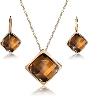 EVEVIC Square Austrian Crystal Necklace Earrings for Women Fashion 18K Gold Plated Hypoallergenic Jewelry Set