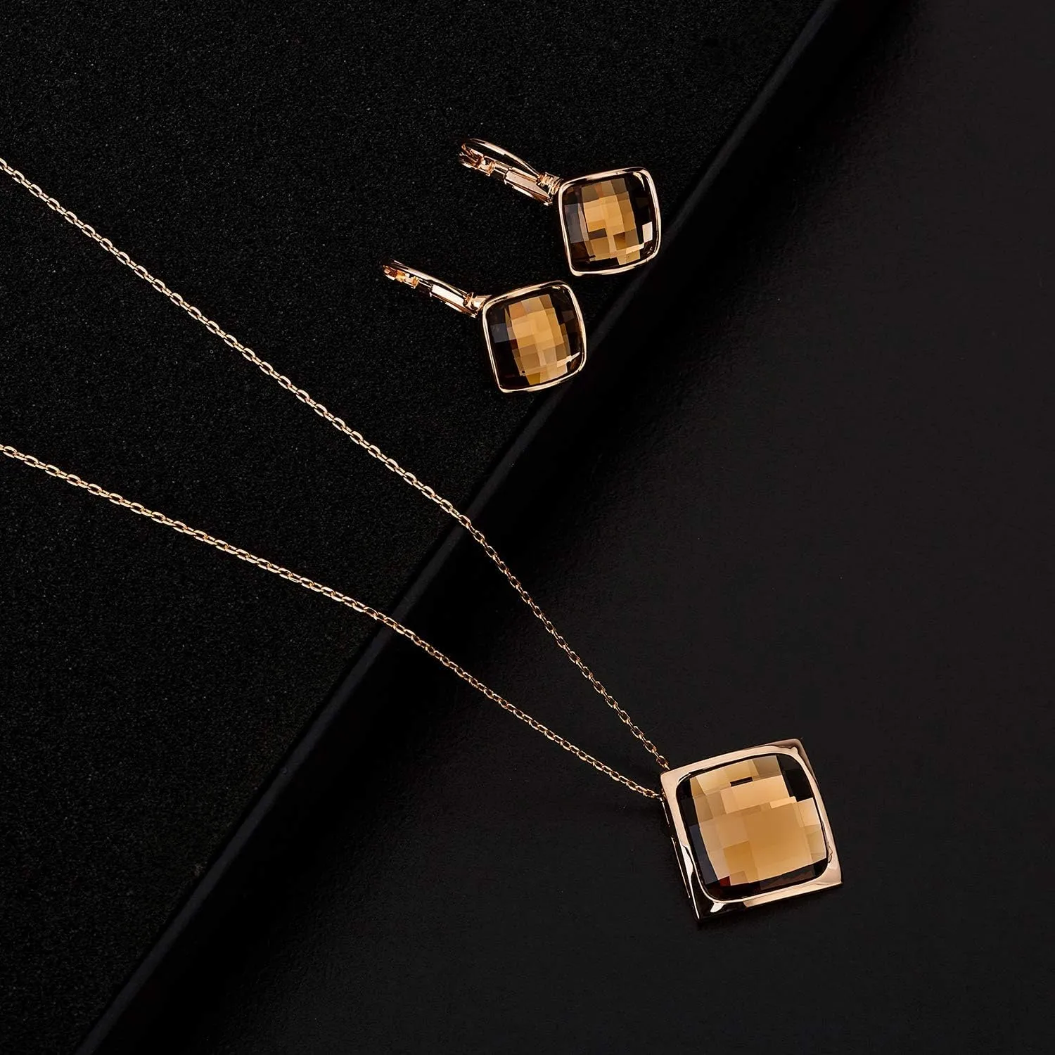 EVEVIC Square Austrian Crystal Necklace Earrings for Women Fashion 18K Gold Plated Hypoallergenic Jewelry Set