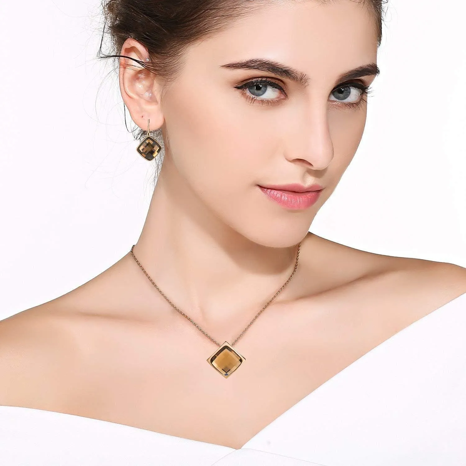 EVEVIC Square Austrian Crystal Necklace Earrings for Women Fashion 18K Gold Plated Hypoallergenic Jewelry Set