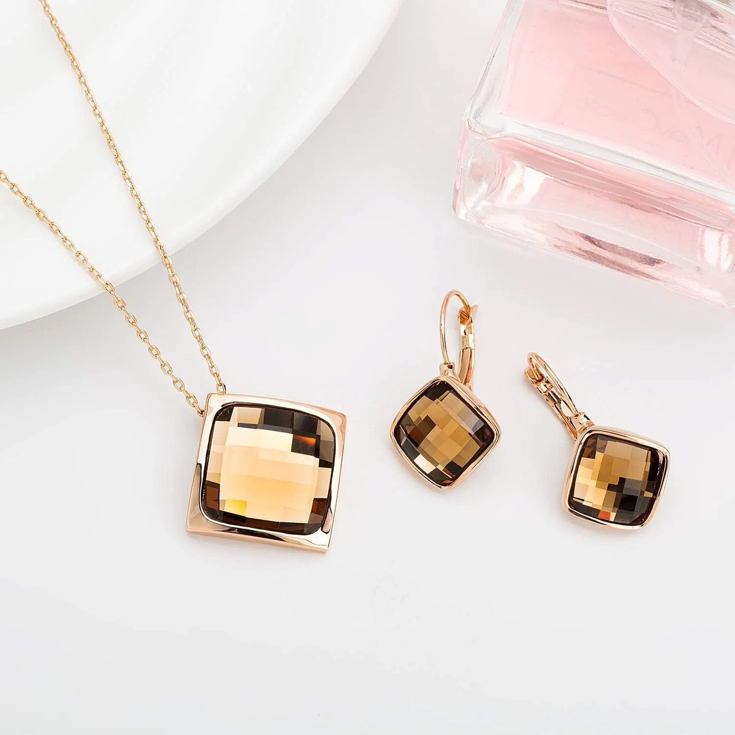 EVEVIC Square Austrian Crystal Necklace Earrings for Women Fashion 18K Gold Plated Hypoallergenic Jewelry Set