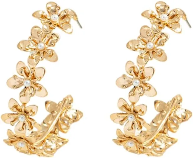 Exquisite Golden Flower Hoop Earrings Floral Flower Dangle Hoop Earrings for Women Wedding Jewelry