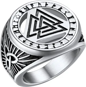 FaithHeart Norse Viking Rings, Stainless Steel/18K Gold Plated Vintage Celtic Knot/Nordic Valknut Rune Finger Ring Jewelry for Men Women Customizable