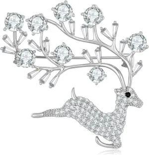 FAMARINE Sika Deer Brooches and Pins for Women, Christmas Animals Brooch Pin Paved by Cubic Zirconia Crystals (Silver)
