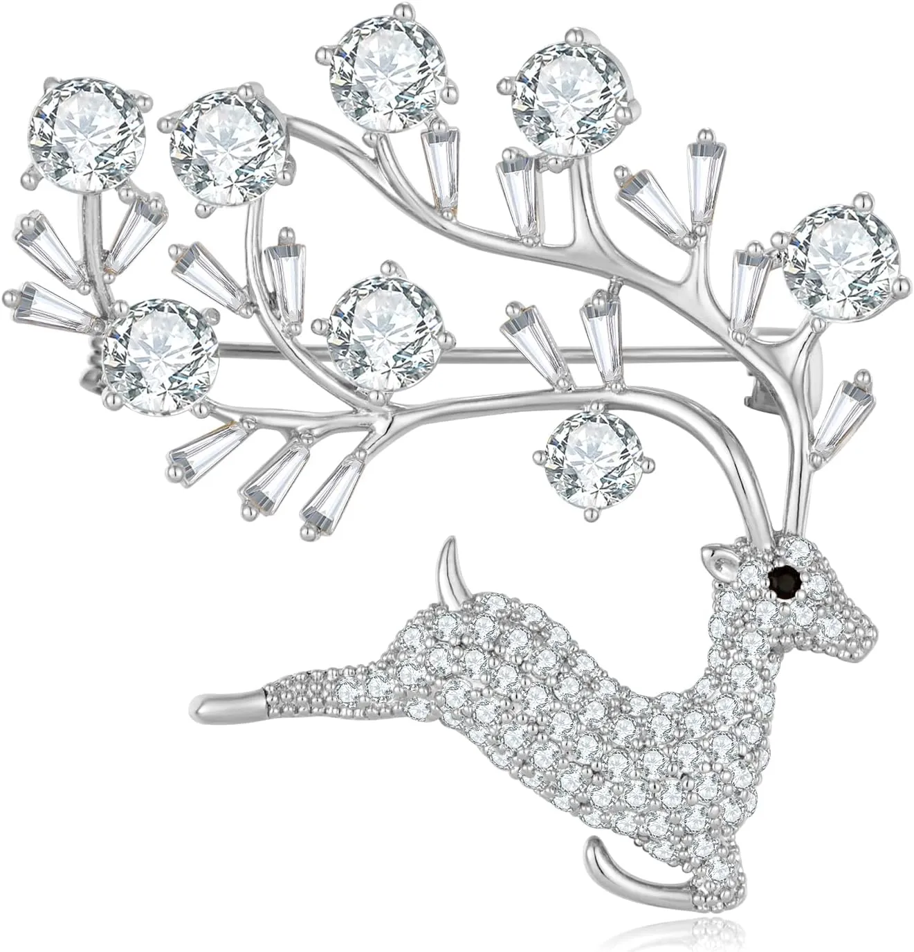 FAMARINE Sika Deer Brooches and Pins for Women, Christmas Animals Brooch Pin Paved by Cubic Zirconia Crystals (Silver)