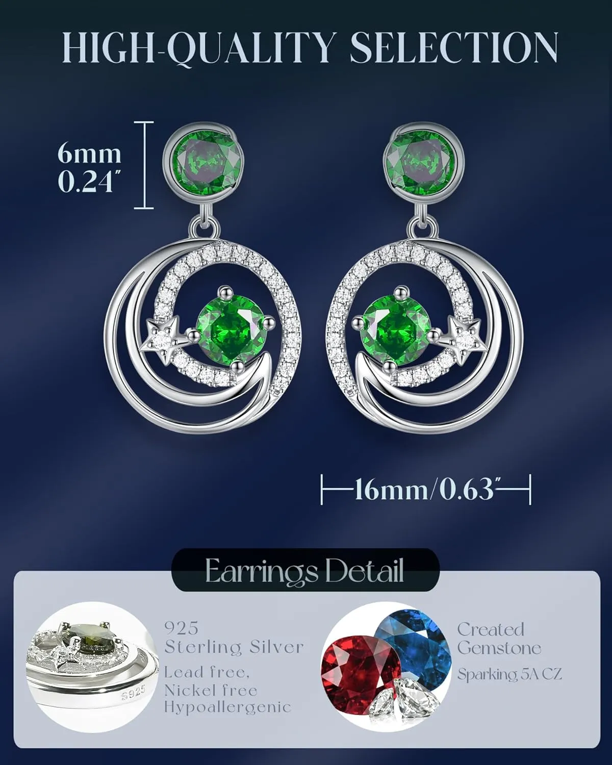 FANCIME Dangle Drop Earrings 925 Sterling Silver Moon Star Round Gemstone Birthstone Jewelry Birthday Christmas Gifts for Her Women