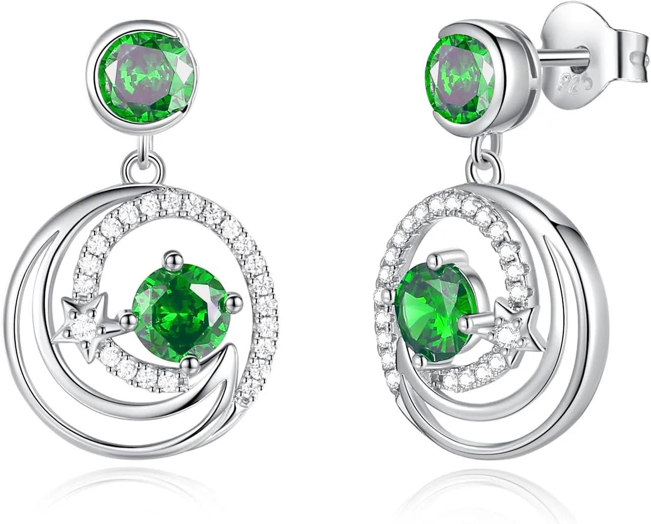 FANCIME Dangle Drop Earrings 925 Sterling Silver Moon Star Round Gemstone Birthstone Jewelry Birthday Christmas Gifts for Her Women