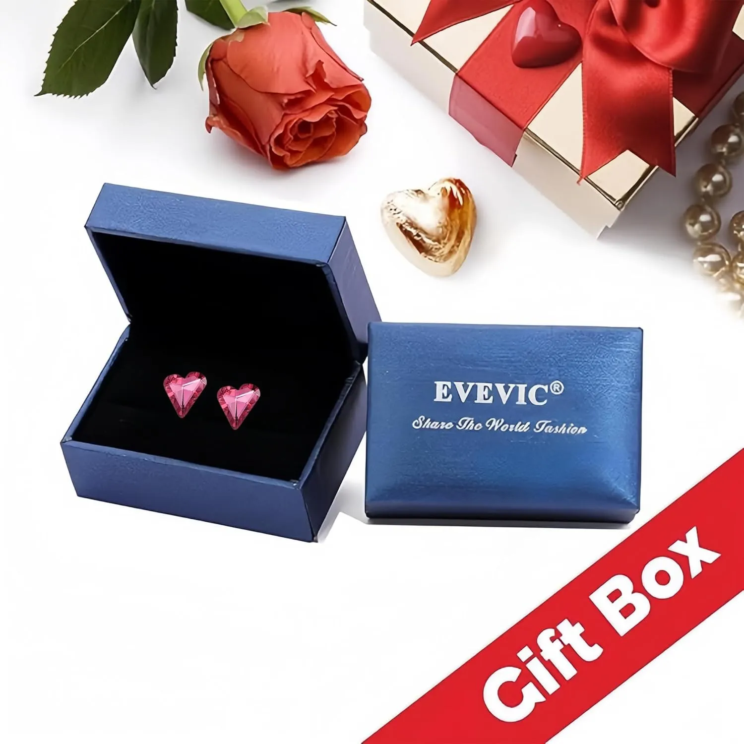 Fashion Austrian Crystal Heart Stud Earrings for Women 14K Gold Plated Hypoallergenic Formal Jewelry Gift
