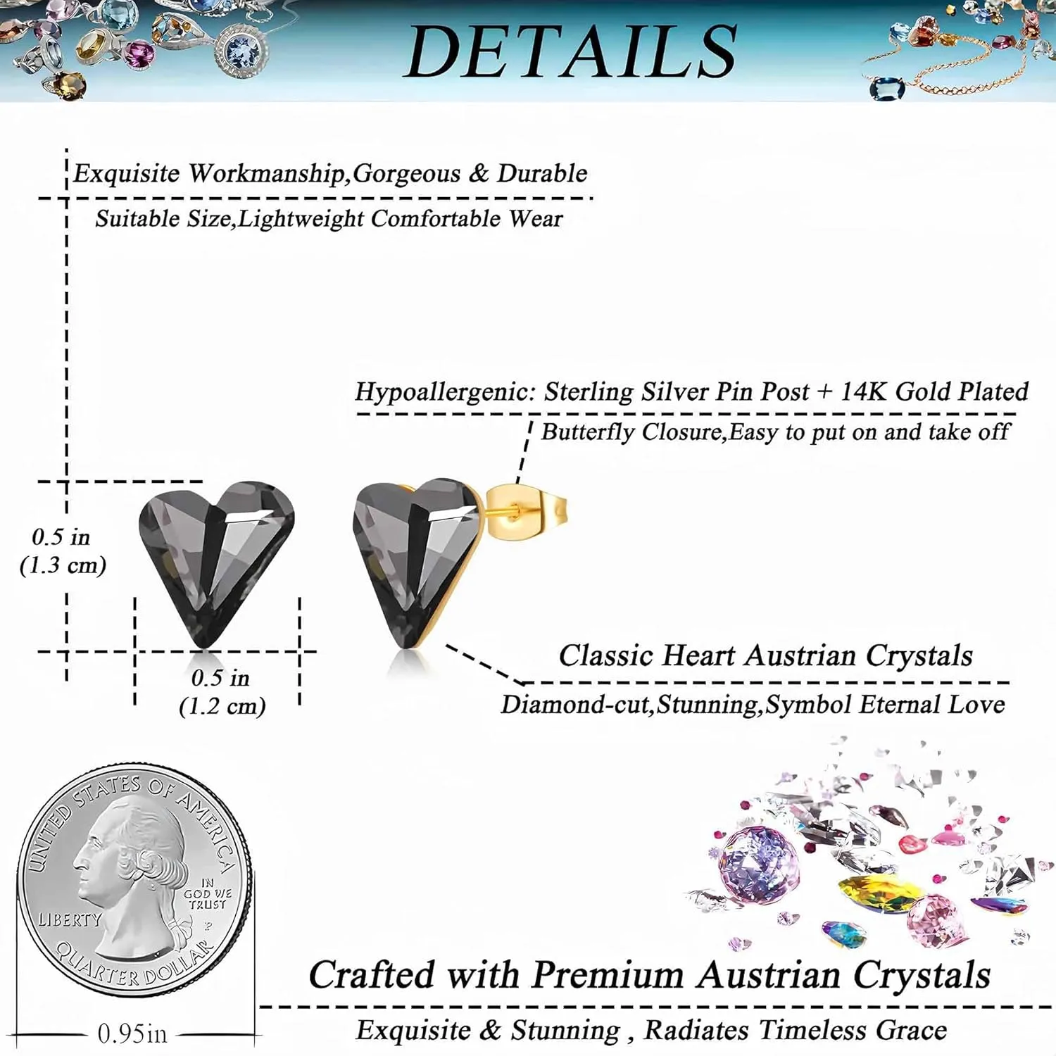 Fashion Austrian Crystal Heart Stud Earrings for Women 14K Gold Plated Hypoallergenic Formal Jewelry Gift