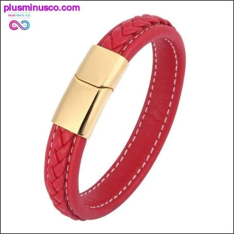Fashion Black Red Leather Bracelets Men Wrist Band Stainless