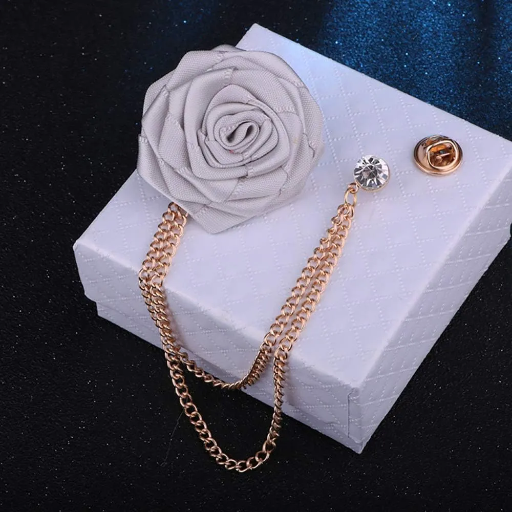 Fashion Bridegroom Wedding Brooches Cloth Art Hand-Made Rose Flower Brooch Lapel Pin Badge Tassel Chain Men's Suit Accessories