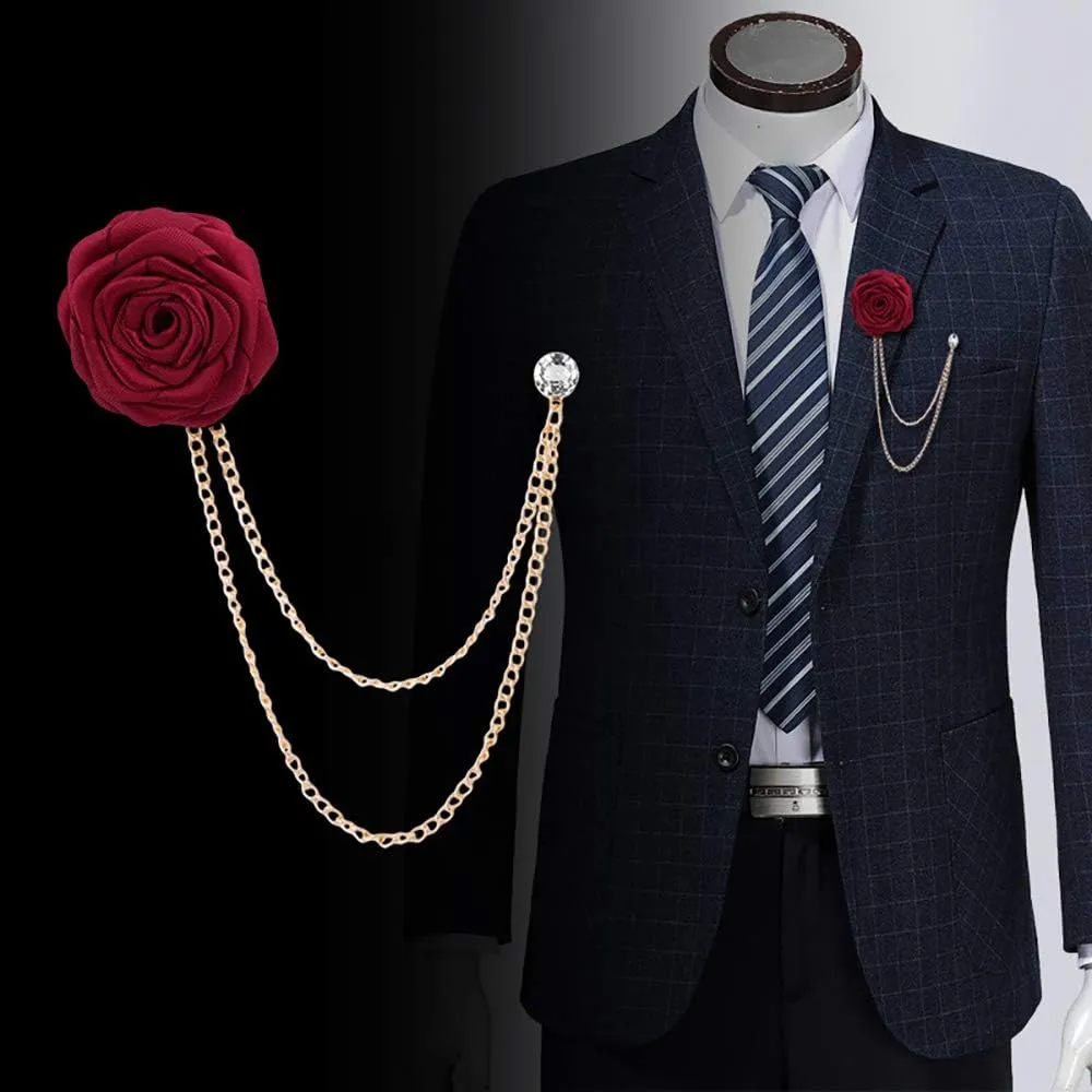 Fashion Bridegroom Wedding Brooches Cloth Art Hand-Made Rose Flower Brooch Lapel Pin Badge Tassel Chain Men's Suit Accessories