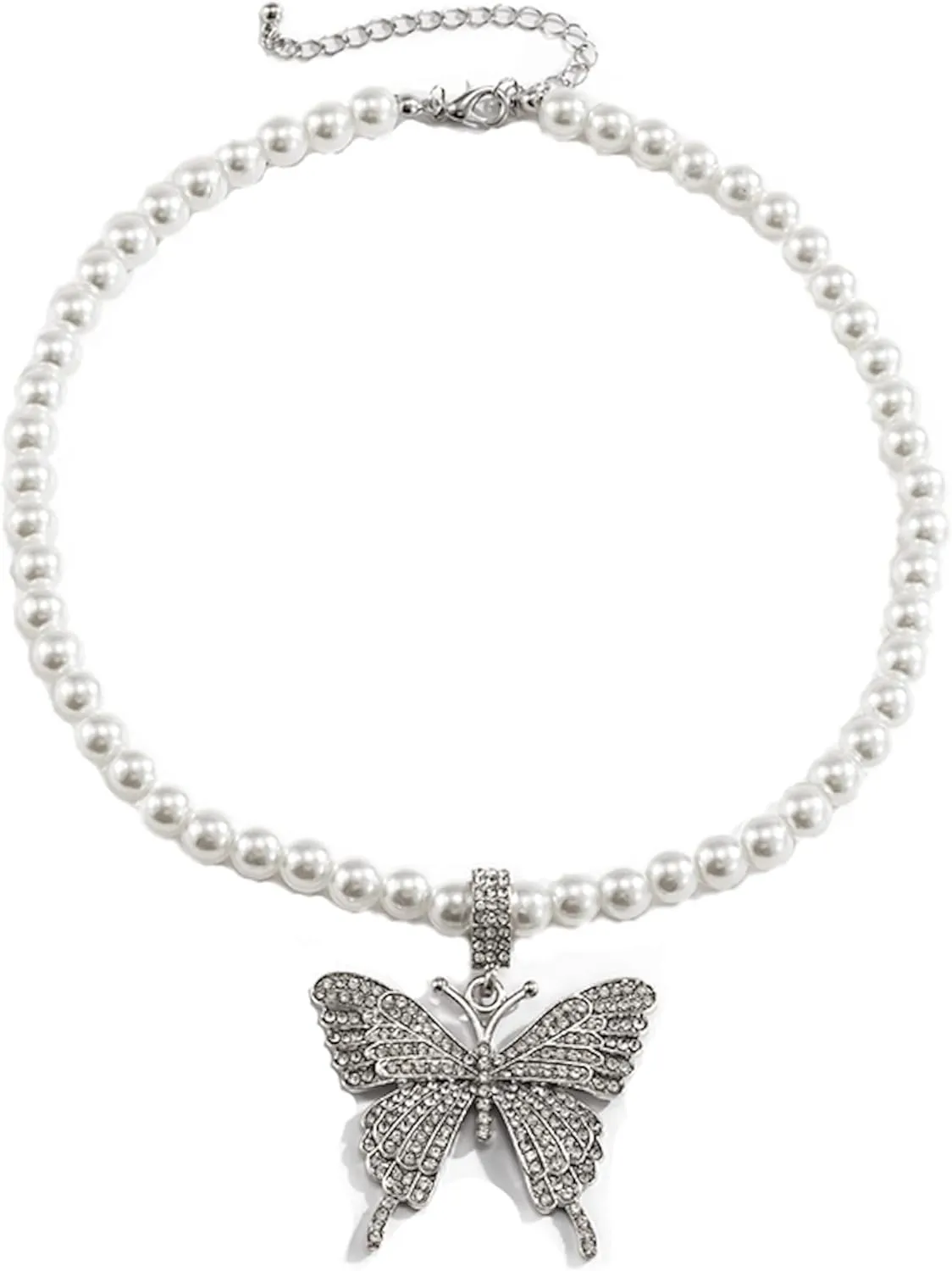 fashion jewelry statement rhinestone classic imitation pearl butterfly charm choker necklace for women