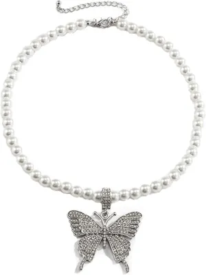 fashion jewelry statement rhinestone classic imitation pearl butterfly charm choker necklace for women