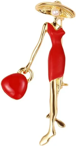 Fashion Lady in Red Brooch Pin for Women Girls Cute Enamel Brooches Lapel Pins Hat Bag Dress Accessories Holiday Party Jewelry Gift