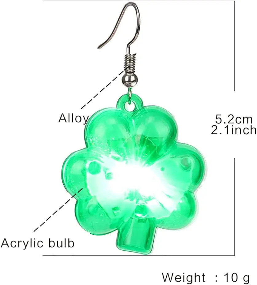 Fashion Lucky Clovers LED Lights Drop Dangle Earrings for Women St Patrick's Day Green Leaf Shamrock Light Up Dangling Hook Hoops Glowing in The Dark Earring Cute Jewelry Gifts