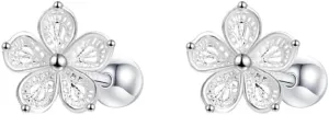 Filigree Flower Cartilage Screw Back Stud Earrings 925 Sterling Silver Hollow Floral Tragus Sleeper Studs Earring Fashion Birthday Jewelry Gifts for Women Daughter Hypoallergenic 20G