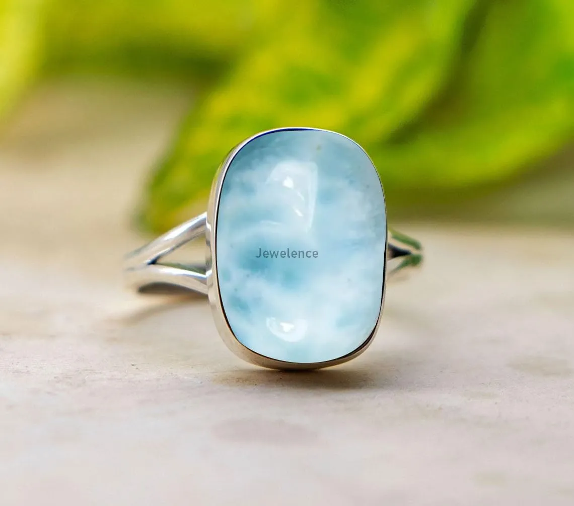 Fine Sterling Silver Ring For Women & Girls Natural Larimar Ring Sterling Silver Statement Ring Bezel Set Gemstone Ring