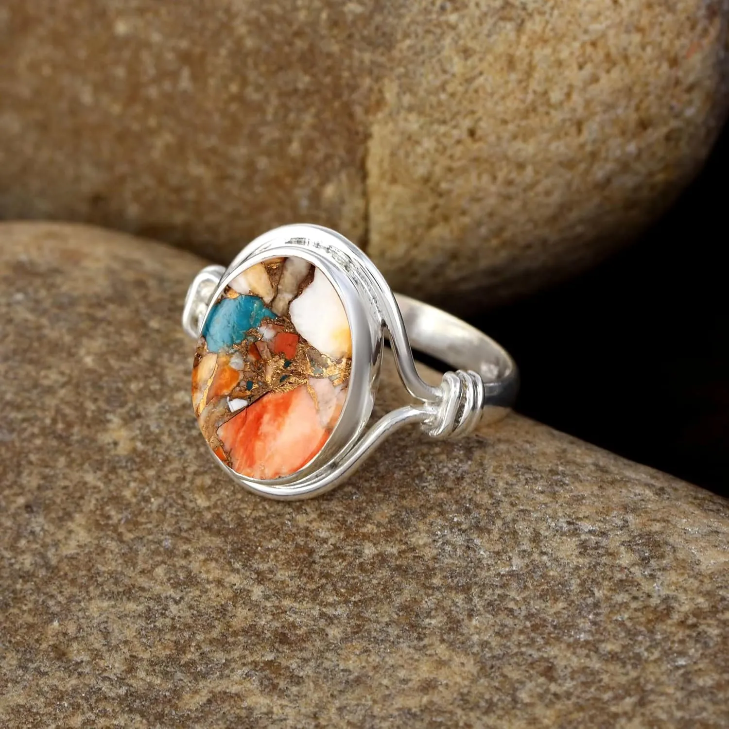 Fine Sterling Silver Ring For Womens Oyster Copper Turquoise Ring Sterling Silver Engagement Ring Bezel Set Gemstone Ring
