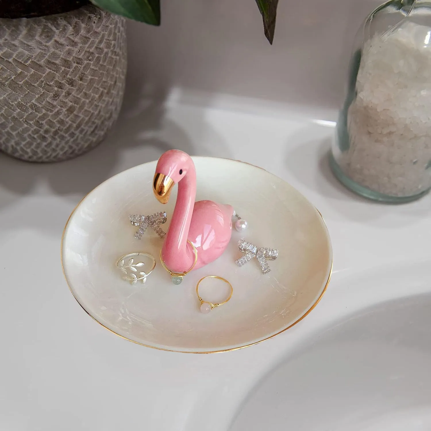 Flamingo Ceramic Jewelry Holder.Storage Box For Rings,Earrings,Necklaces And Bracelets.Birthday Wedding Holiday Gift For ladies And Girls Jewelry Tray. (Bb)