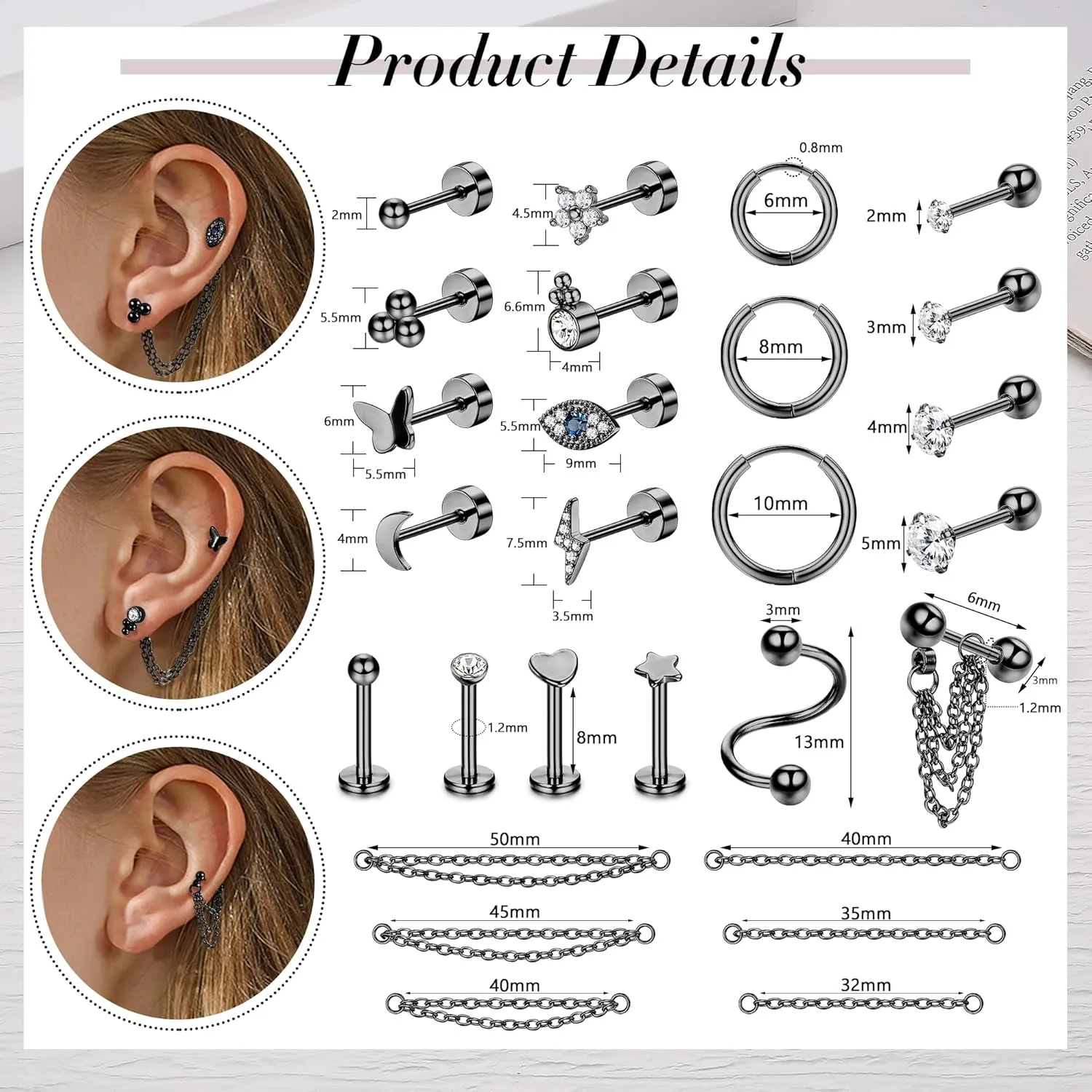 Florideco 16G Cartilage Earrings for Women Hypoallergenic Stainless Steel Huggie Hoop Earrings Flatback Stud Earrings CZ Cartilage Stud Earrings Chain Dangle Conch Daith Helix Tragus Piercing Jewelry
