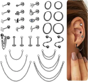 Florideco 16G Cartilage Earrings for Women Hypoallergenic Stainless Steel Huggie Hoop Earrings Flatback Stud Earrings CZ Cartilage Stud Earrings Chain Dangle Conch Daith Helix Tragus Piercing Jewelry