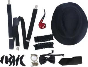 FOSA 1920s Old Man Costume Set, Gangster Dress Up Kit with Hat, Suspenders, Watch, Pipe, Bow Tie, Glasses, for Kids Retro Dance Parties (Black)