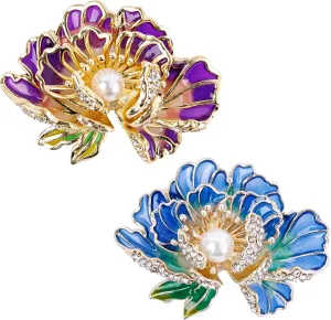 Framendino, 2 Pack Peony Enamel Brooch Pin Metal Flower Badges Lapel Pins Metal Pearl Brooches for Women (Purple and Blue)