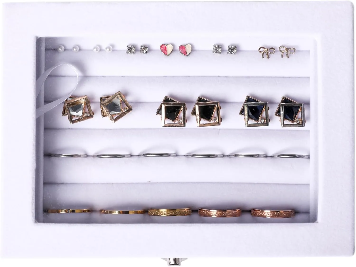 Frebeauty Rings/Earring Organizer Tray with Clear Lid,7 Slots Ring Box Velvet Ring Holder Drawer Insert Jewelry Storage Box Jewelry Display Case Jewelry Box Gift for Women and Girls(7 Slots,White)