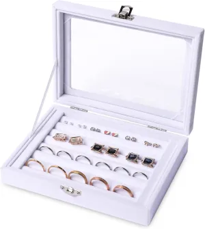 Frebeauty Rings/Earring Organizer Tray with Clear Lid,7 Slots Ring Box Velvet Ring Holder Drawer Insert Jewelry Storage Box Jewelry Display Case Jewelry Box Gift for Women and Girls(7 Slots,White)