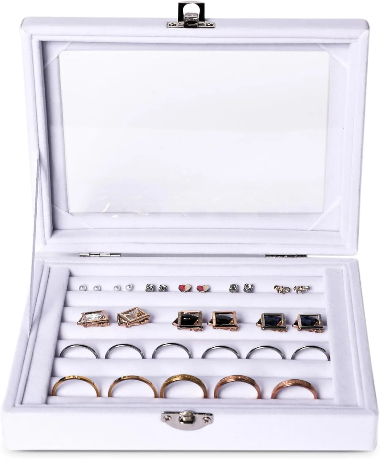 Frebeauty Rings/Earring Organizer Tray with Clear Lid,7 Slots Ring Box Velvet Ring Holder Drawer Insert Jewelry Storage Box Jewelry Display Case Jewelry Box Gift for Women and Girls(7 Slots,White)