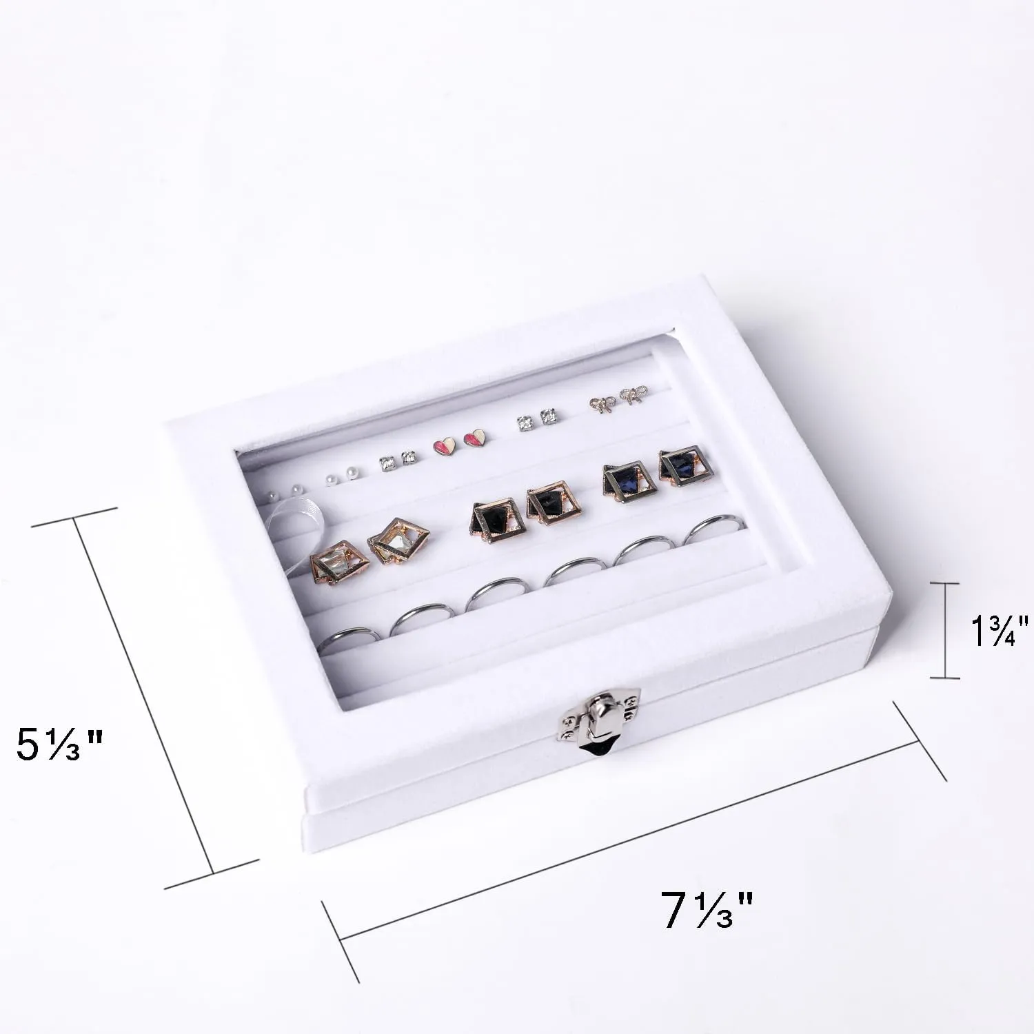 Frebeauty Rings/Earring Organizer Tray with Clear Lid,7 Slots Ring Box Velvet Ring Holder Drawer Insert Jewelry Storage Box Jewelry Display Case Jewelry Box Gift for Women and Girls(7 Slots,White)