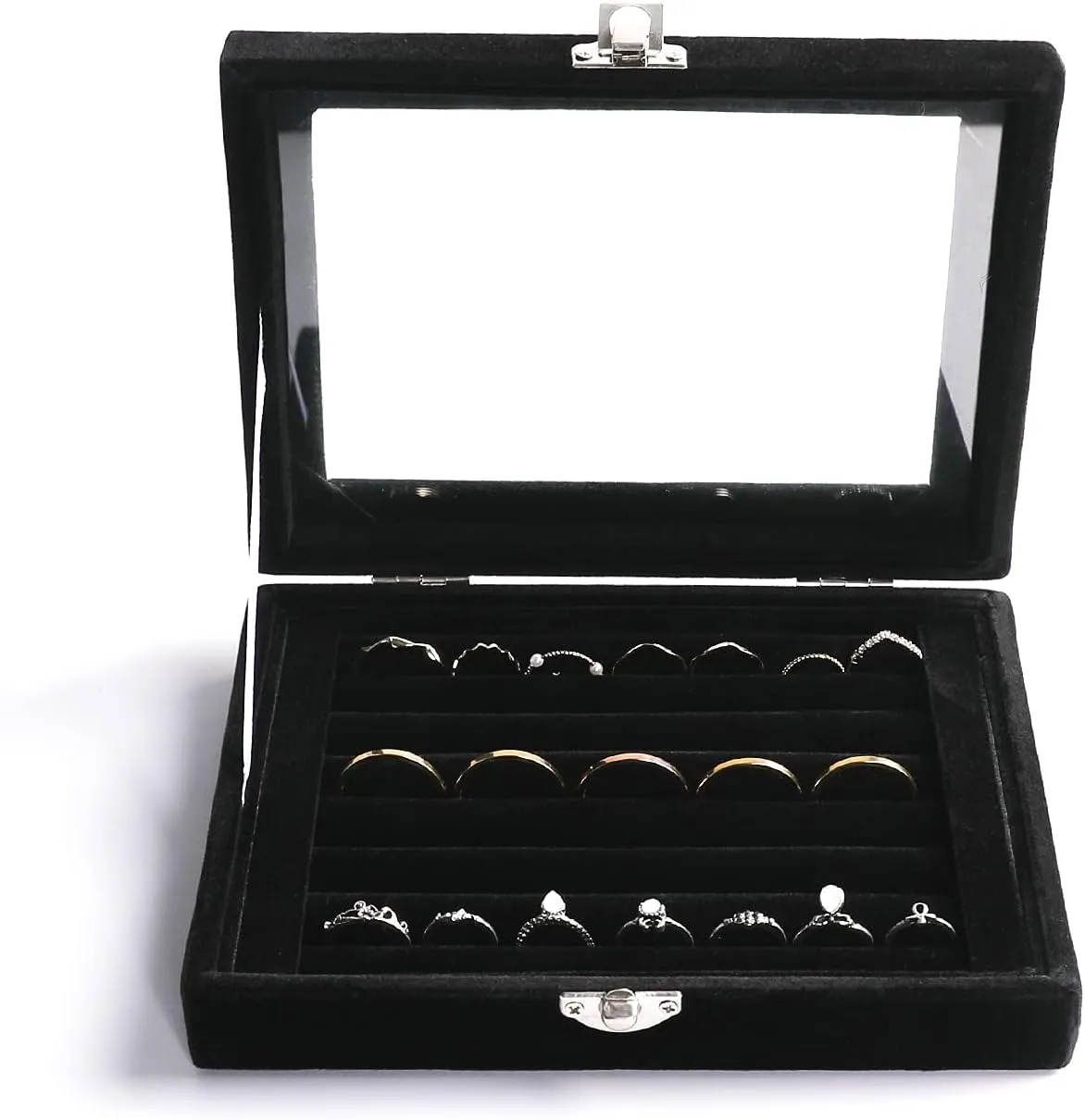 Frebeauty Rings/Earring Organizer Tray with Clear Lid,7 Slots Ring Box Velvet Ring Holder Drawer Insert Jewelry Storage Box Jewelry Display Case Jewelry Box Gift for Women and Girls(Black,7 Slots)