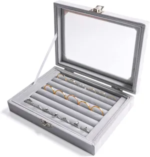Frebeauty Rings/Earring Organizer Tray with Clear Lid,7 Slots Ring Box Velvet Ring Holder Drawer Insert Jewelry Storage Box Jewelry Display Case Jewelry Box Gift for Women and Girls(Grey,7 Slots)
