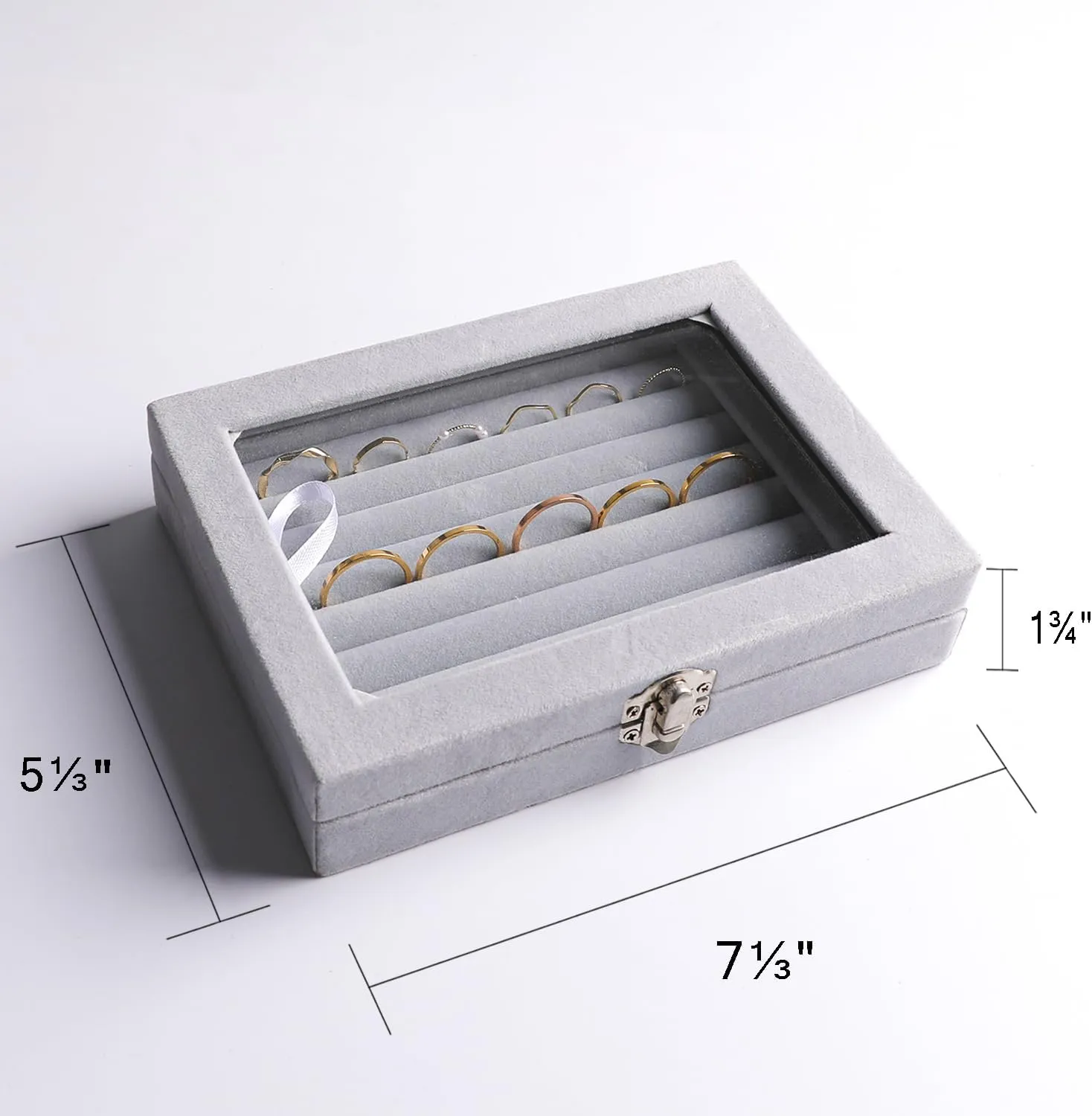 Frebeauty Rings/Earring Organizer Tray with Clear Lid,7 Slots Ring Box Velvet Ring Holder Drawer Insert Jewelry Storage Box Jewelry Display Case Jewelry Box Gift for Women and Girls(Grey,7 Slots)