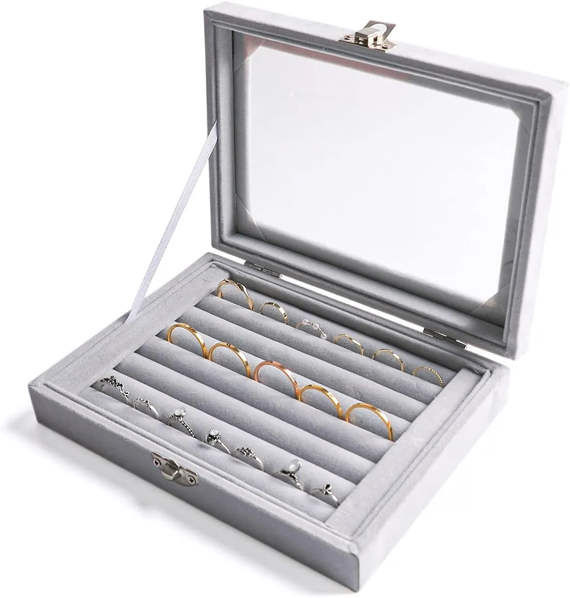 Frebeauty Rings/Earring Organizer Tray with Clear Lid,7 Slots Ring Box Velvet Ring Holder Drawer Insert Jewelry Storage Box Jewelry Display Case Jewelry Box Gift for Women and Girls(Grey,7 Slots)