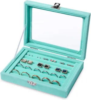 Frebeauty Rings/Earring Organizer Tray with Clear Lid,7 Slots Ring Box Velvet Ring Holder Drawer Insert Jewelry Storage Box Jewelry Display Case Jewelry Box Gift for Women and Girls(Turquoise,7 Slots)