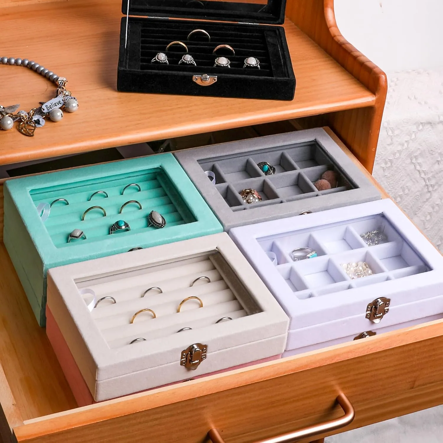 Frebeauty Rings/Earring Organizer Tray with Clear Lid,7 Slots Ring Box Velvet Ring Holder Drawer Insert Jewelry Storage Box Jewelry Display Case Jewelry Box Gift for Women and Girls(Turquoise,7 Slots)