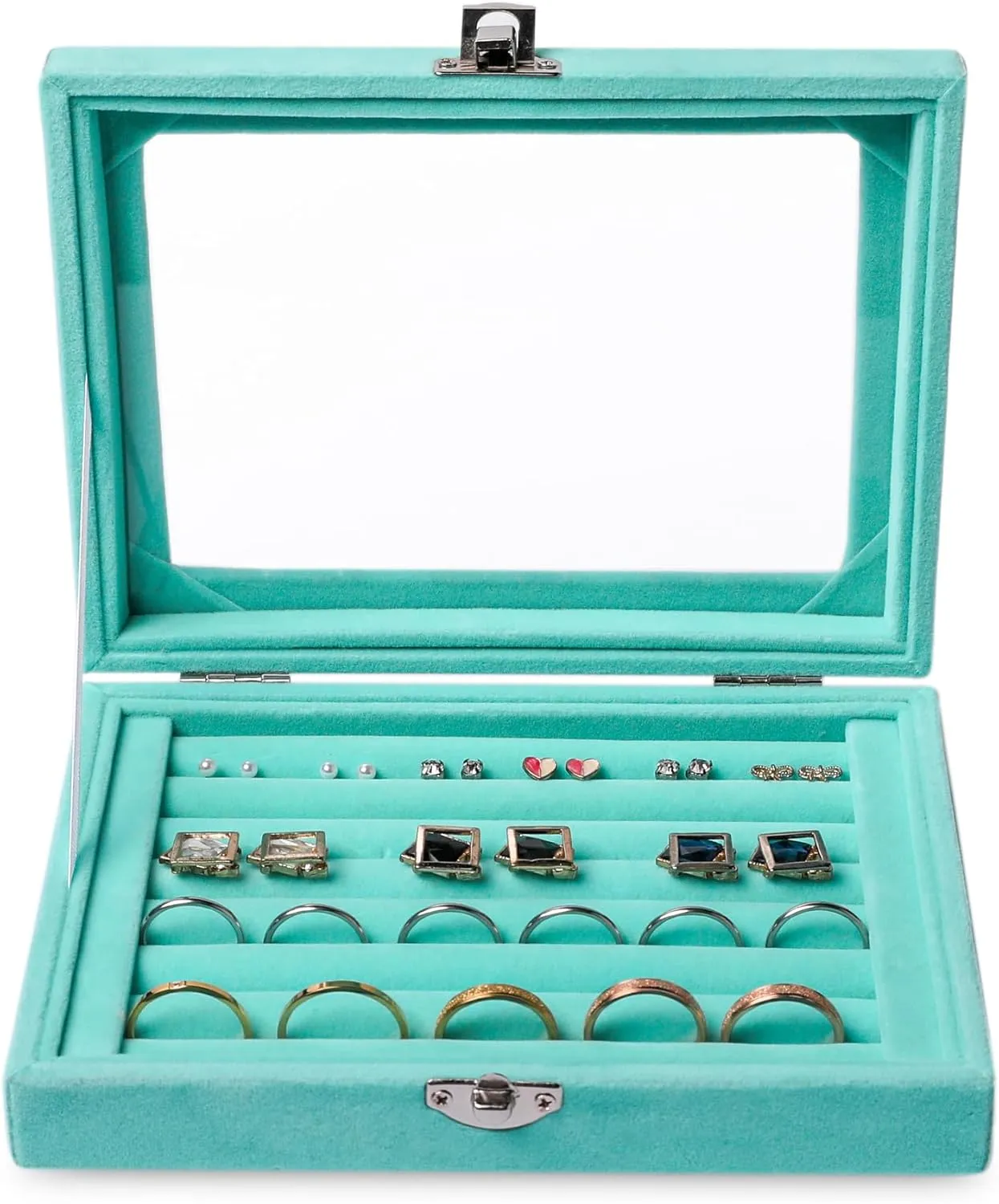 Frebeauty Rings/Earring Organizer Tray with Clear Lid,7 Slots Ring Box Velvet Ring Holder Drawer Insert Jewelry Storage Box Jewelry Display Case Jewelry Box Gift for Women and Girls(Turquoise,7 Slots)