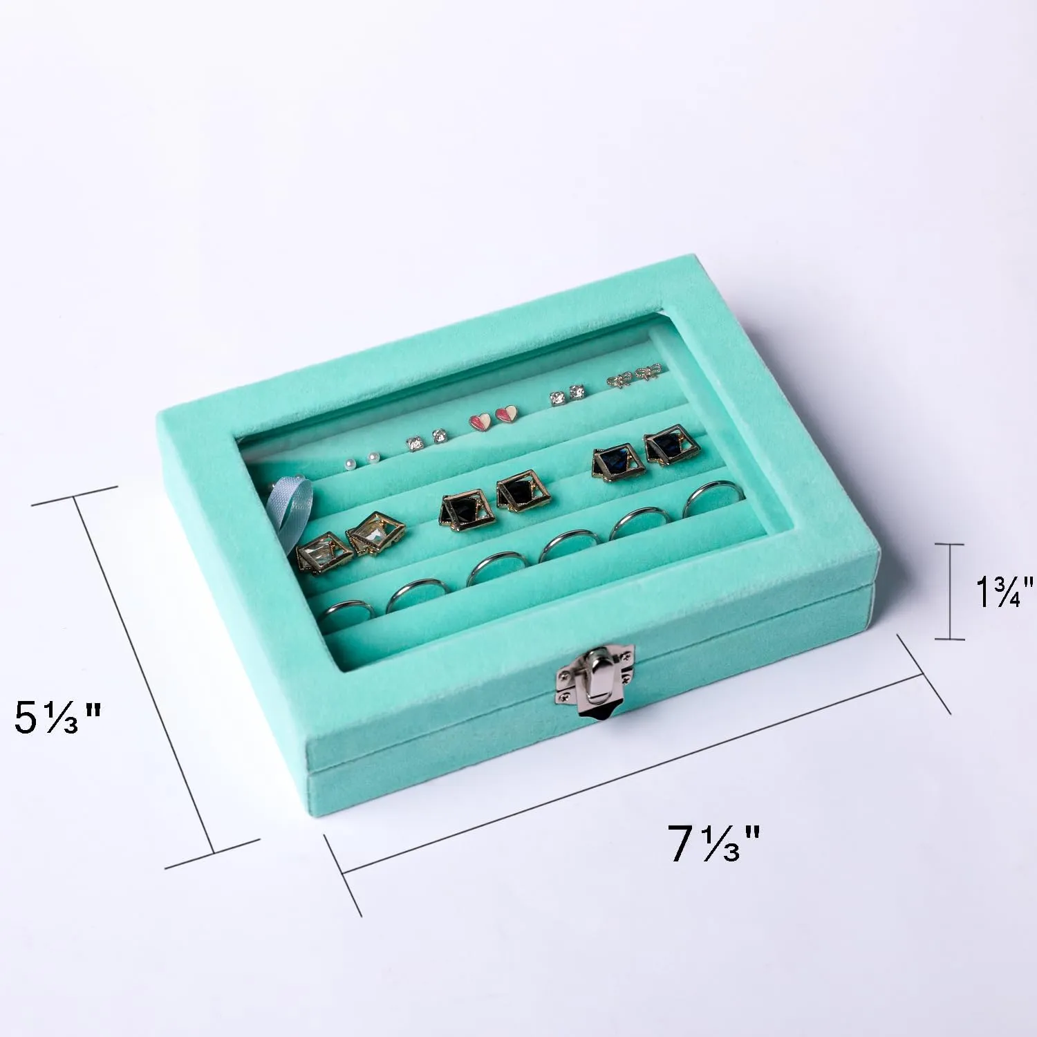 Frebeauty Rings/Earring Organizer Tray with Clear Lid,7 Slots Ring Box Velvet Ring Holder Drawer Insert Jewelry Storage Box Jewelry Display Case Jewelry Box Gift for Women and Girls(Turquoise,7 Slots)