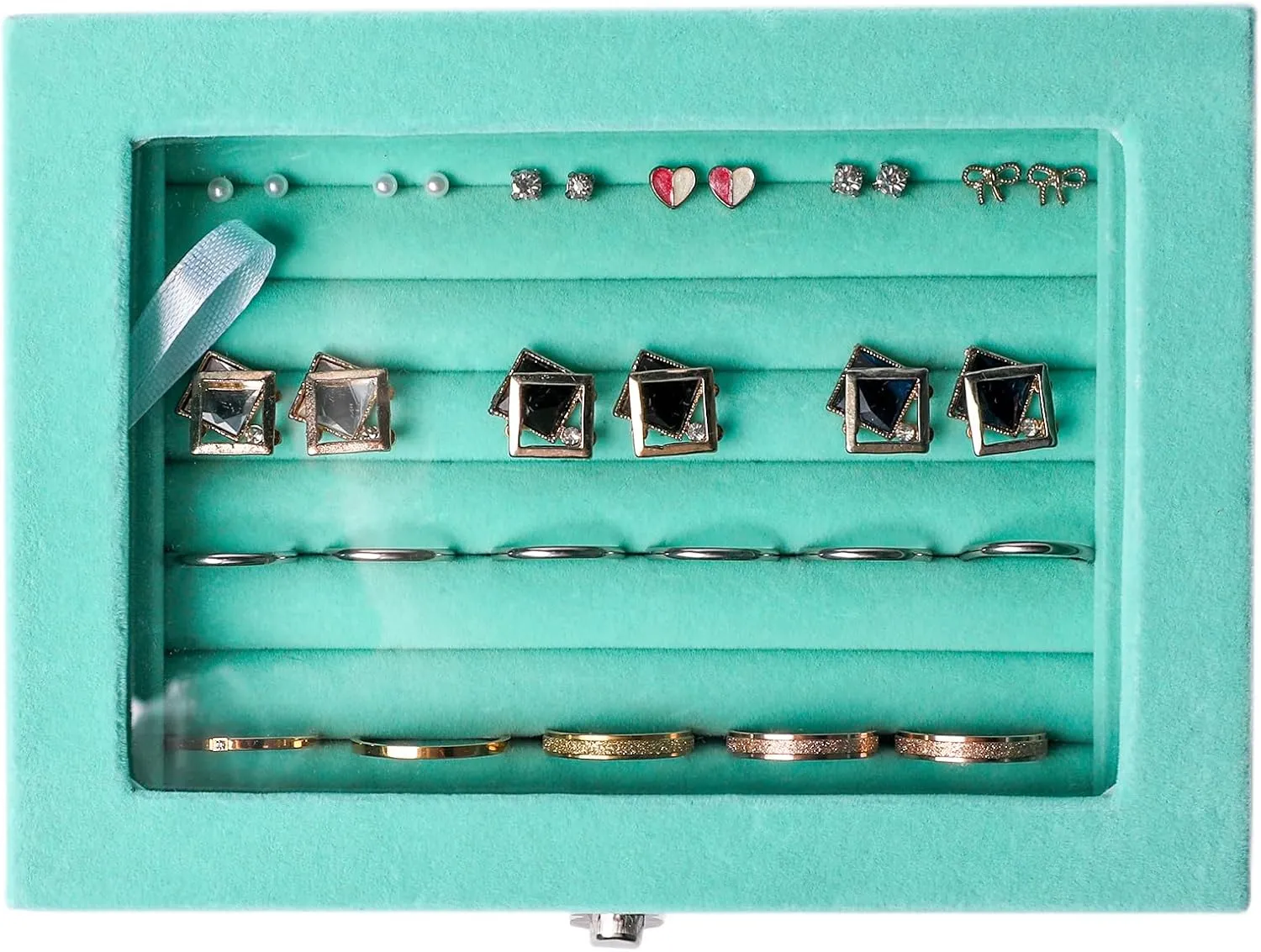 Frebeauty Rings/Earring Organizer Tray with Clear Lid,7 Slots Ring Box Velvet Ring Holder Drawer Insert Jewelry Storage Box Jewelry Display Case Jewelry Box Gift for Women and Girls(Turquoise,7 Slots)