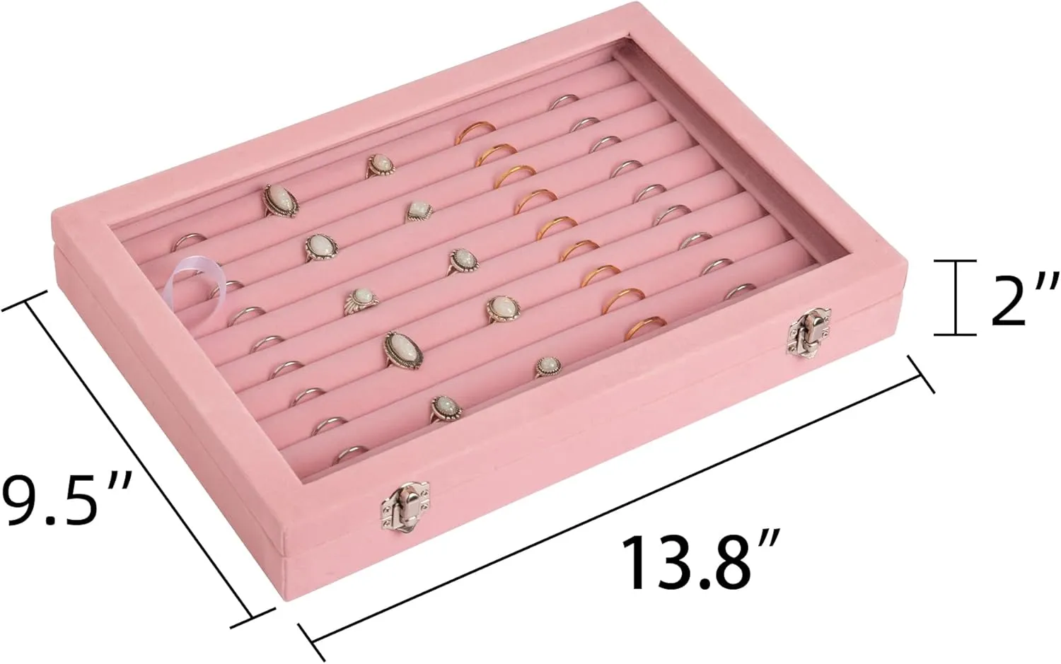 Frebeauty Rings/Earrings Organizer Tray with Clear Lid 10 Slots Velvet Drawer Insert Jewelry Storage box Transparent Glass lid Jewelry Display Case Showcase Gift for Girls Women (Pink, 10 Slots)