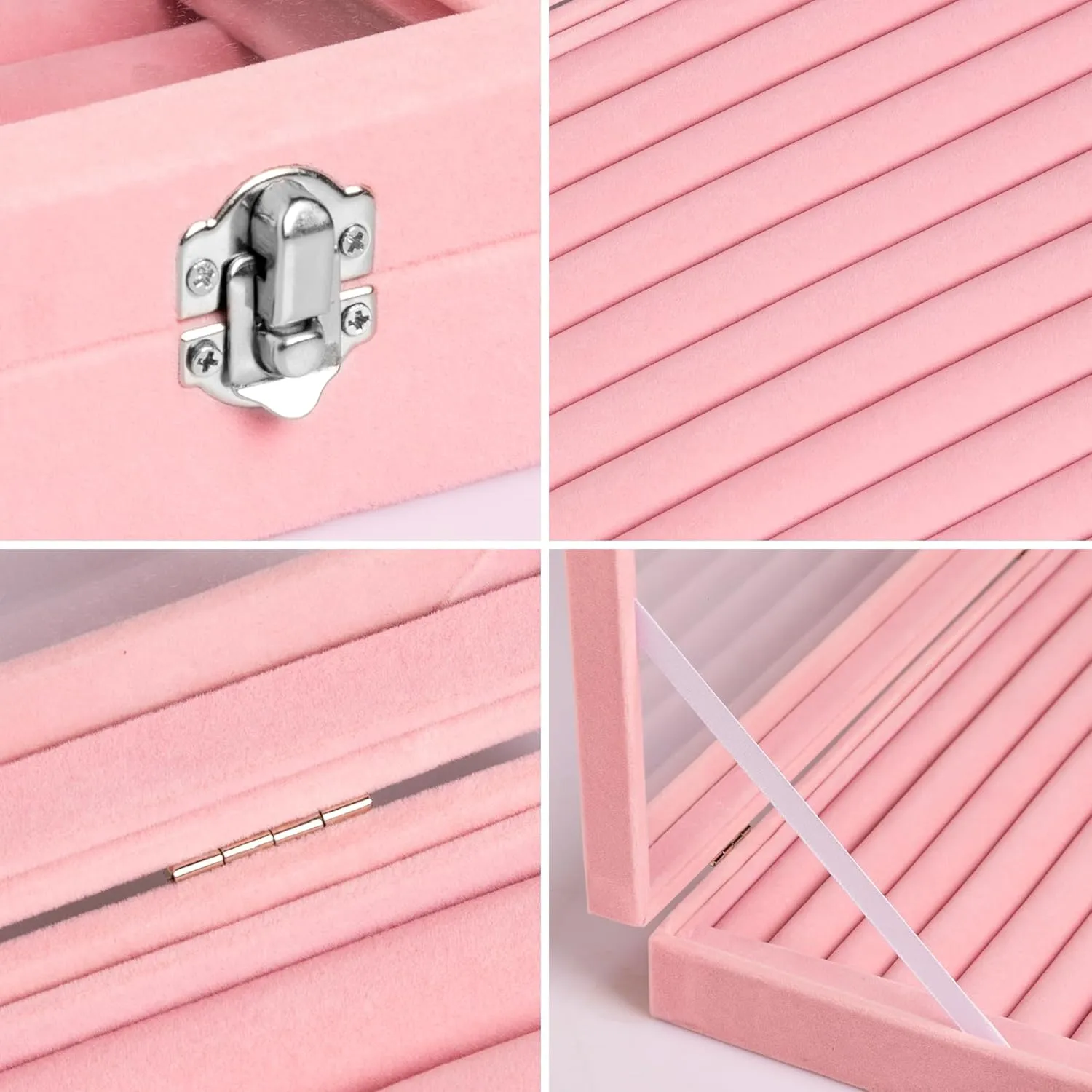 Frebeauty Rings/Earrings Organizer Tray with Clear Lid 10 Slots Velvet Drawer Insert Jewelry Storage box Transparent Glass lid Jewelry Display Case Showcase Gift for Girls Women (Pink, 10 Slots)