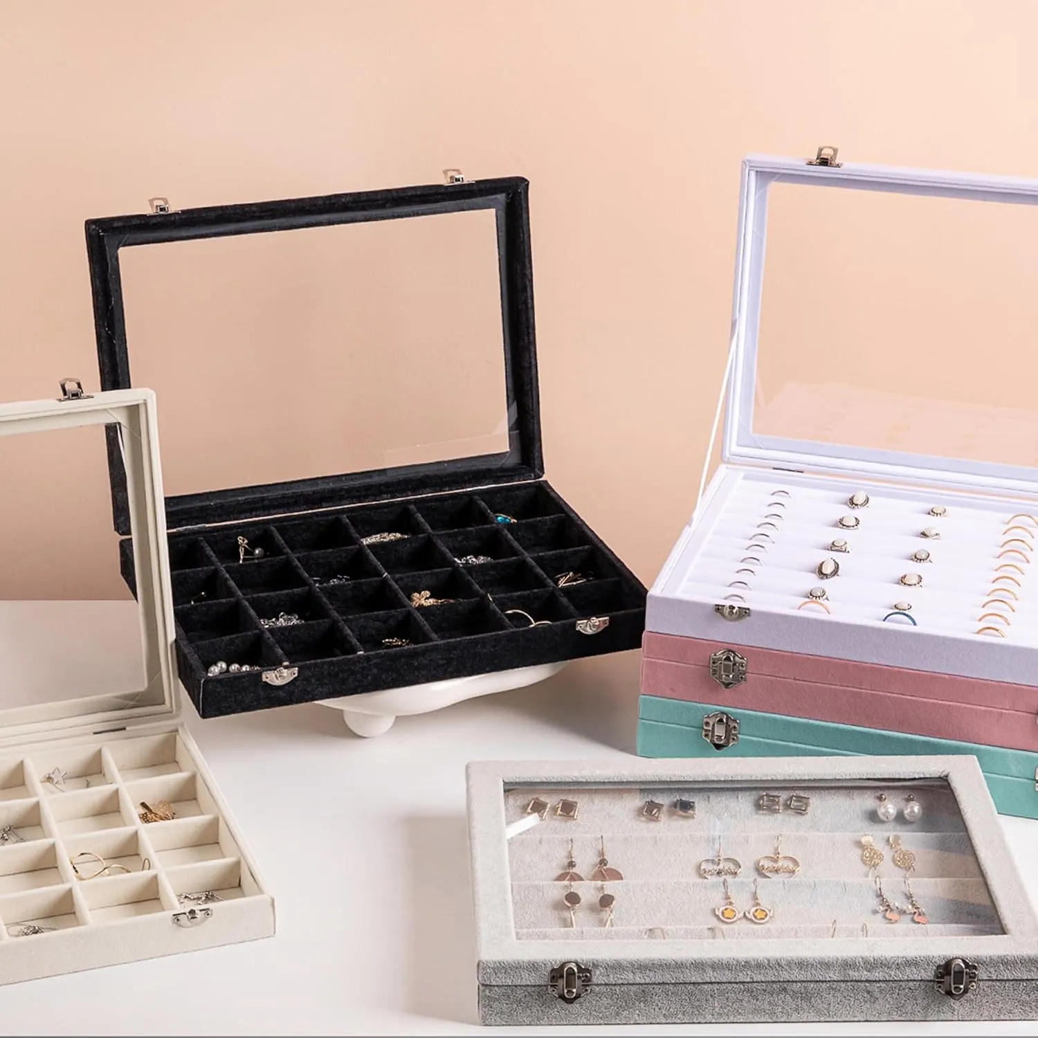 Frebeauty Rings/Earrings Organizer Tray with Clear Lid 10 Slots Velvet Drawer Insert Jewelry Storage box Transparent Glass lid Jewelry Display Case Showcase Gift for Girls Women (Pink, 10 Slots)