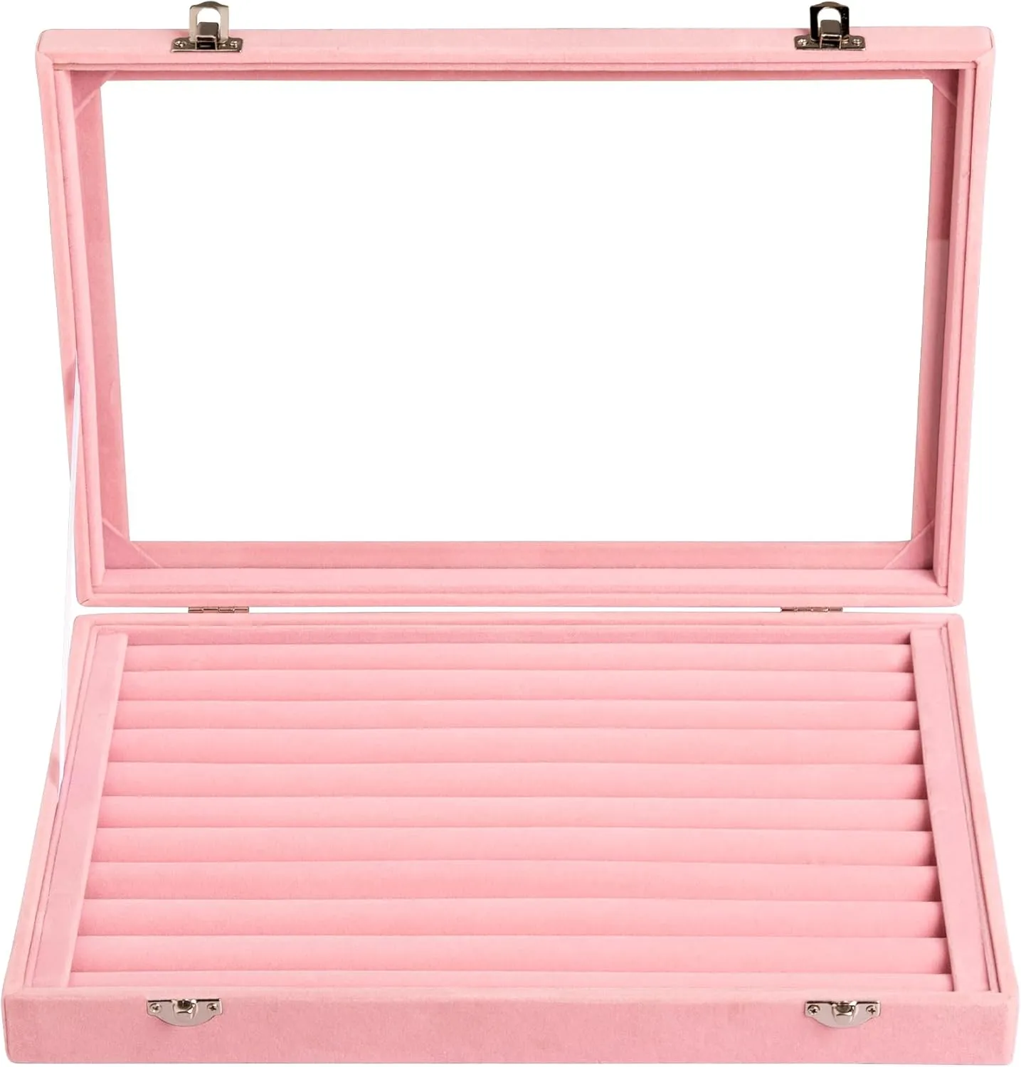 Frebeauty Rings/Earrings Organizer Tray with Clear Lid 10 Slots Velvet Drawer Insert Jewelry Storage box Transparent Glass lid Jewelry Display Case Showcase Gift for Girls Women (Pink, 10 Slots)