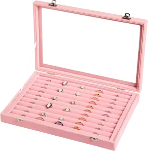 Frebeauty Rings/Earrings Organizer Tray with Clear Lid 10 Slots Velvet Drawer Insert Jewelry Storage box Transparent Glass lid Jewelry Display Case Showcase Gift for Girls Women (Pink, 10 Slots)