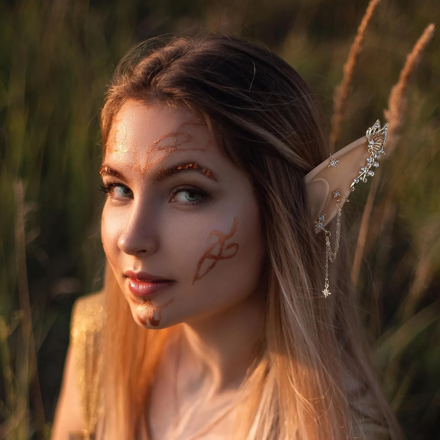 FRESHME Elf Ears with Piercings - Handmade Fairy Ears with Gold Butterfly Earrings Cuffs