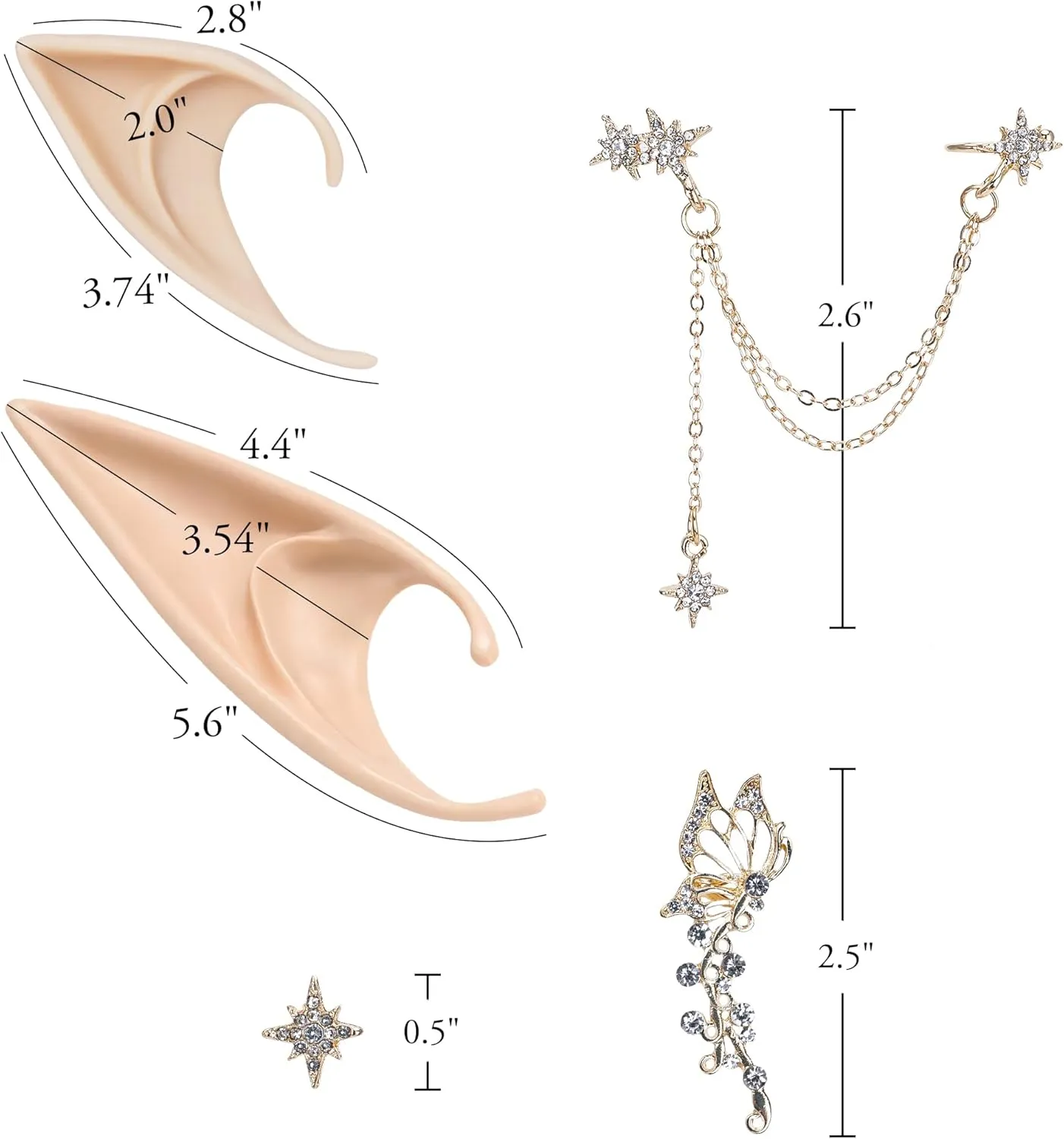 FRESHME Elf Ears with Piercings - Handmade Fairy Ears with Gold Butterfly Earrings Cuffs