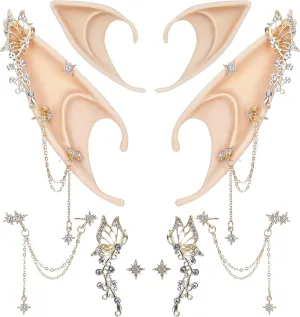 FRESHME Elf Ears with Piercings - Handmade Fairy Ears with Gold Butterfly Earrings Cuffs