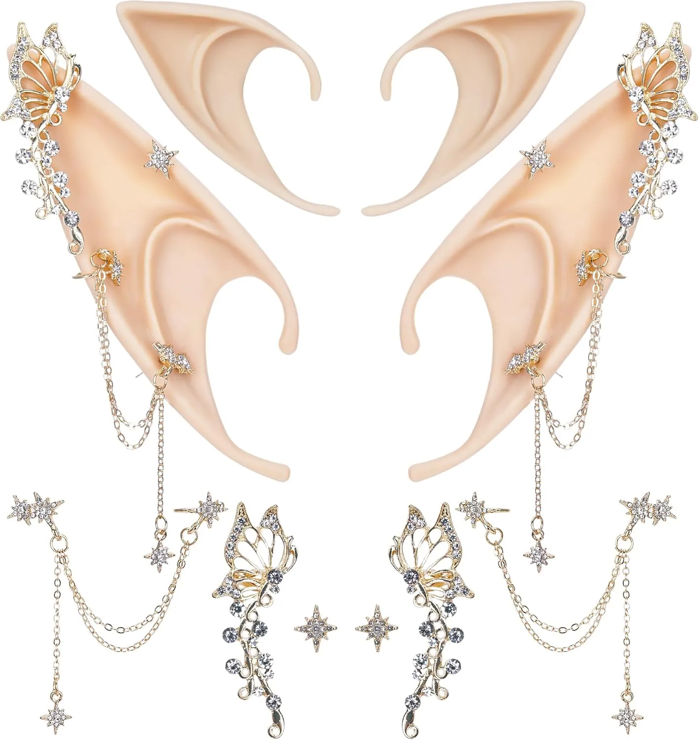 FRESHME Elf Ears with Piercings - Handmade Fairy Ears with Gold Butterfly Earrings Cuffs